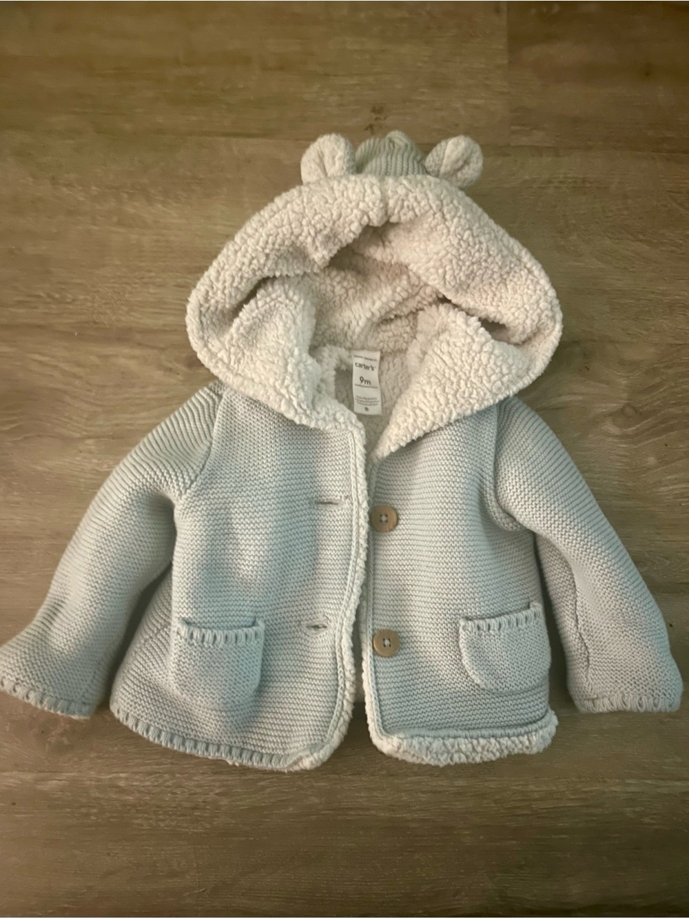 Carter's Baby Bear Ear Sherpa Lined Hooded Knit Sweater Jacket Light Blue 9M